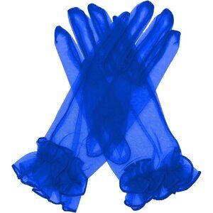 Women's Royal Blue Ruffled Tulle Mesh Evening Short Gloves Wedding Party Prom